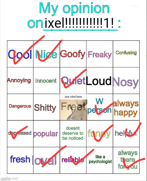 My opinion on ___ bingo by owu | ixel!!!!!!!!!!!1! | image tagged in my opinion on ___ bingo by owu | made w/ Imgflip meme maker