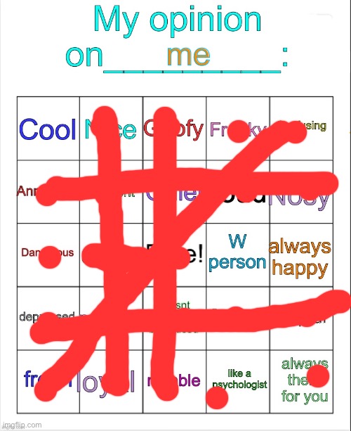 i suck | me | image tagged in my opinion on ___ bingo by owu | made w/ Imgflip meme maker