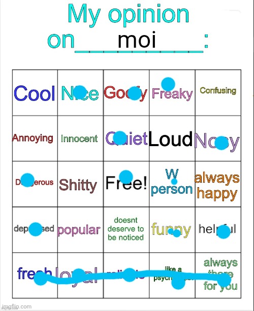 My opinion on ___ bingo by owu | moi | image tagged in my opinion on ___ bingo by owu | made w/ Imgflip meme maker
