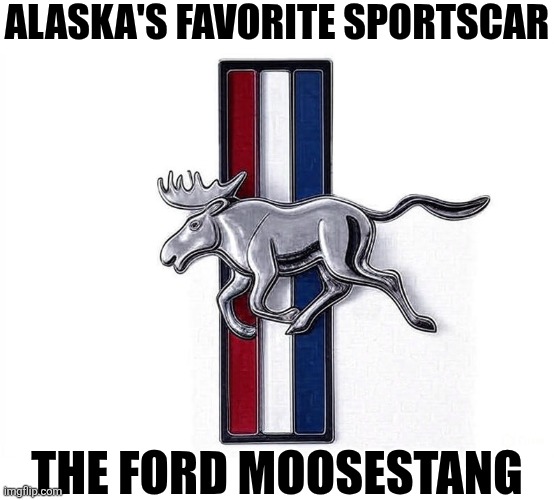 Imagine if cars were built in Alaska? Things would be so different! We'd definitely have Moosestangs! | ALASKA'S FAVORITE SPORTSCAR; THE FORD MOOSESTANG | image tagged in ford mustang,alaska,strange cars,what if,good idea,manufacturing | made w/ Imgflip meme maker