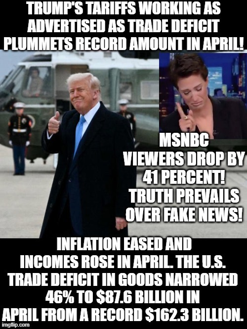 Trump's Tariffs Working as Advertised as Trade Deficit Plummets! | MSNBC VIEWERS DROP BY 41 PERCENT! TRUTH PREVAILS OVER FAKE NEWS! | image tagged in fake news,the scroll of truth | made w/ Imgflip meme maker