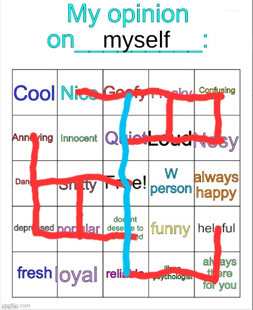 My opinion on ___ bingo by owu | myself | image tagged in my opinion on ___ bingo by owu | made w/ Imgflip meme maker