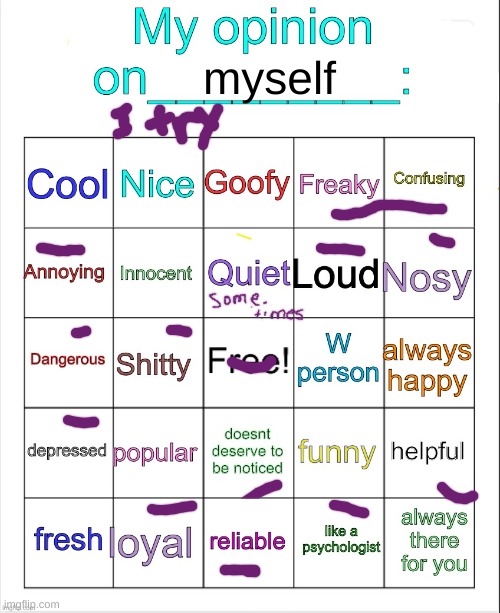 My opinion on ___ bingo by owu | myself | image tagged in my opinion on ___ bingo by owu | made w/ Imgflip meme maker
