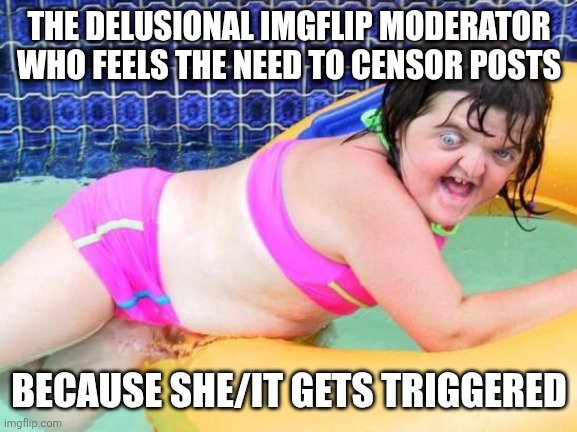 Down Syndrome Swimming Pool Girl | THE DELUSIONAL IMGFLIP MODERATOR WHO FEELS THE NEED TO CENSOR POSTS; BECAUSE SHE/IT GETS TRIGGERED | image tagged in down syndrome swimming pool girl,gfy | made w/ Imgflip meme maker