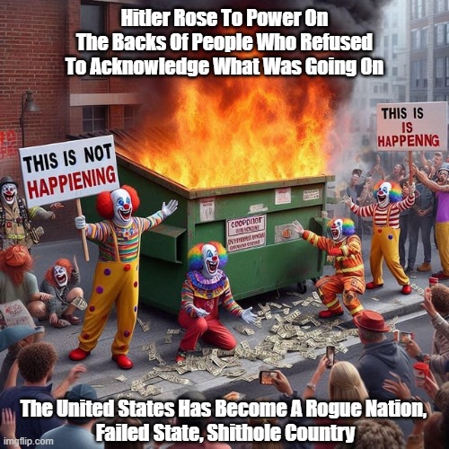 Hitler Rose To Power On The Backs Of People Who Refused To Acknowledge What Was Going On | Hitler Rose To Power On The Backs Of People Who Refused To Acknowledge What Was Going On; The United States Has Become A Rogue Nation, 
Failed State, Shithole Country | image tagged in hitler,trump,rogue nation,failed state,shithole country | made w/ Imgflip meme maker