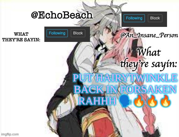 Pedro.EXE VS Hairytwinkle LMS (also I find it funny how the w in Hairytwinkle is silent) | PUT HAIRYTWINKLE BACK IN FORSAKEN RAHHH 🗣🔥🔥🔥 | image tagged in echobeach and insaneperson shared temp 3 | made w/ Imgflip meme maker
