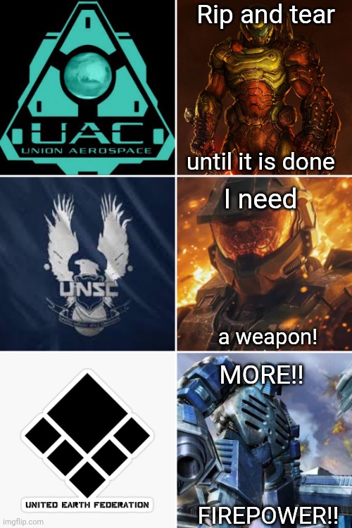 Rip and tear; until it is done; I need; a weapon! MORE!! FIREPOWER!! | made w/ Imgflip meme maker