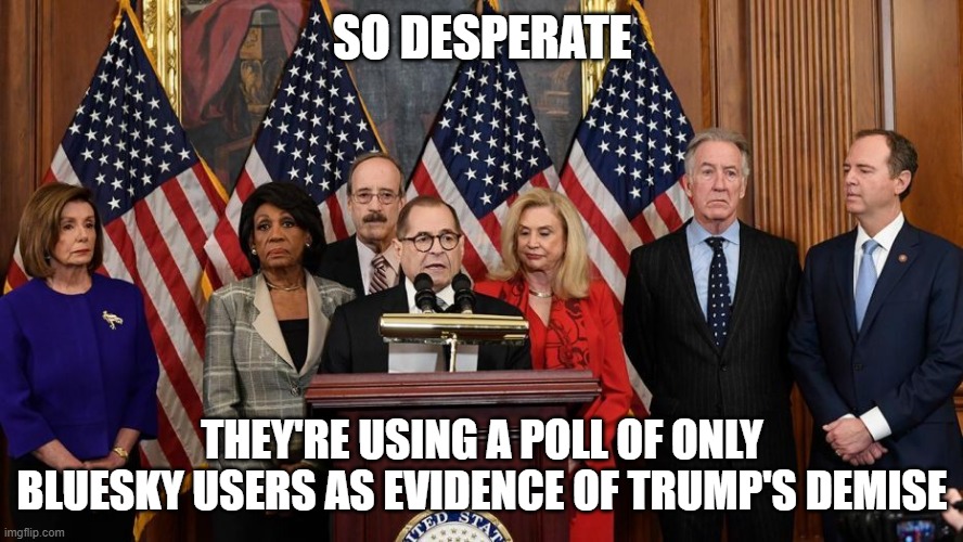 House Democrats | SO DESPERATE; THEY'RE USING A POLL OF ONLY BLUESKY USERS AS EVIDENCE OF TRUMP'S DEMISE | image tagged in house democrats | made w/ Imgflip meme maker