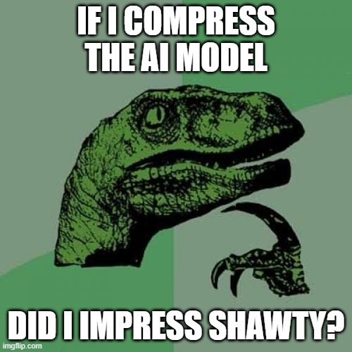 compress, impress, depress... what's that mean again? | IF I COMPRESS THE AI MODEL; DID I IMPRESS SHAWTY? | image tagged in memes,philosoraptor | made w/ Imgflip meme maker