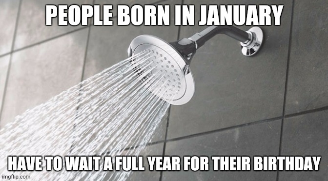 January | PEOPLE BORN IN JANUARY; HAVE TO WAIT A FULL YEAR FOR THEIR BIRTHDAY | image tagged in shower thoughts | made w/ Imgflip meme maker