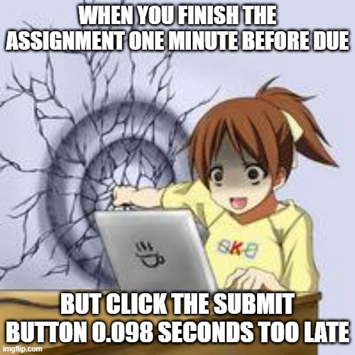 i cried | WHEN YOU FINISH THE ASSIGNMENT ONE MINUTE BEFORE DUE; BUT CLICK THE SUBMIT BUTTON 0.098 SECONDS TOO LATE | image tagged in anime wall punch,homework,mad | made w/ Imgflip meme maker