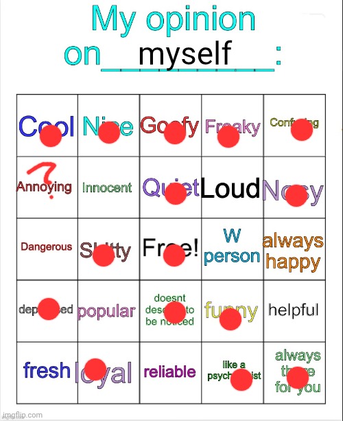 Lol | myself | image tagged in my opinion on ___ bingo by owu | made w/ Imgflip meme maker