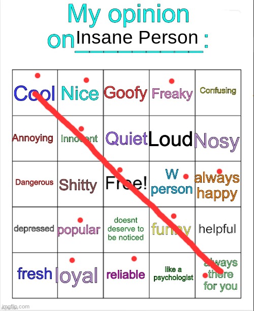 My opinion on ___ bingo by owu | Insane Person | image tagged in my opinion on ___ bingo by owu | made w/ Imgflip meme maker