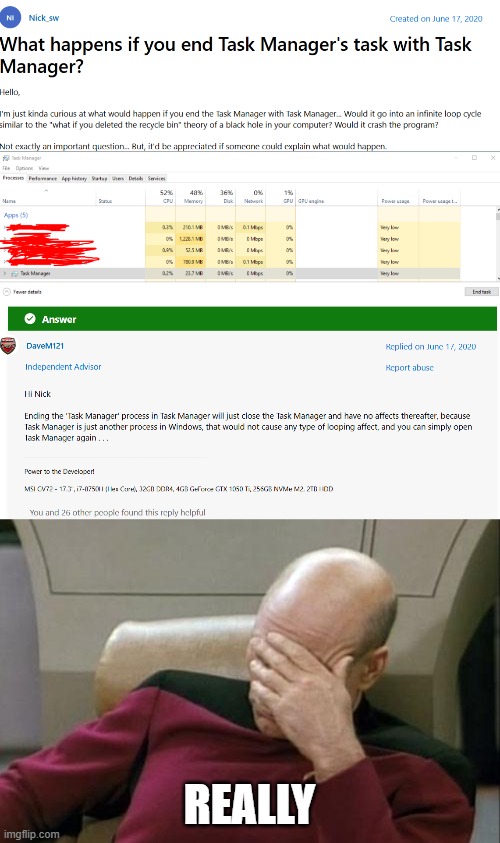 REALLY | image tagged in memes,captain picard facepalm | made w/ Imgflip meme maker