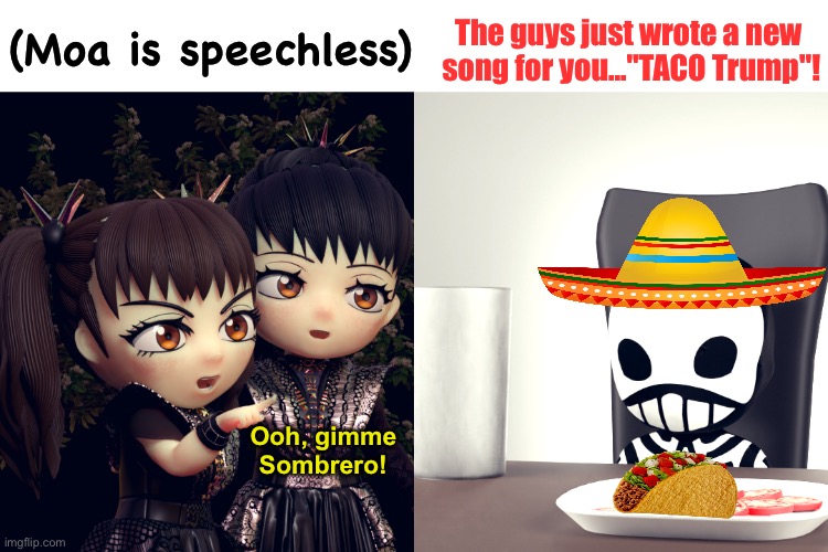 They don't normally do political songs, but this is an exception | The guys just wrote a new 
song for you..."TACO Trump"! (Moa is speechless); Ooh, gimme
Sombrero! | image tagged in babymetal | made w/ Imgflip meme maker