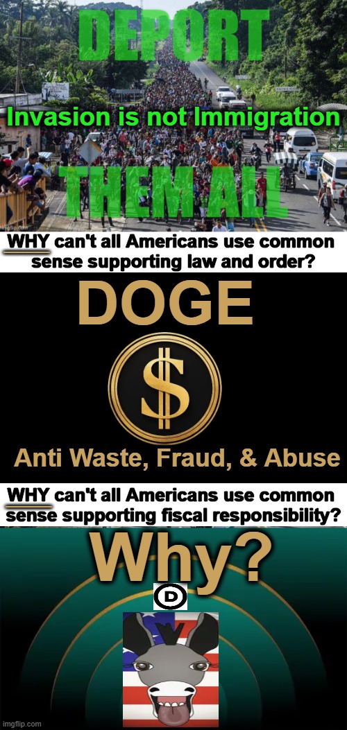 The Missing Link ~~ Democrats | Invasion is not Immigration; ____; WHY can't all Americans use common 
sense supporting law and order? DOGE; ____; Anti Waste, Fraud, & Abuse; WHY can't all Americans use common 
sense supporting fiscal responsibility? Why? | image tagged in invasion,immigration,overspending,doge,common sense,political humor | made w/ Imgflip meme maker