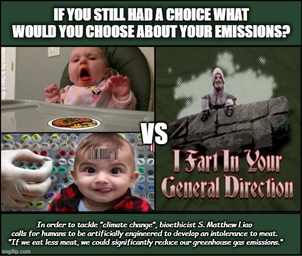 To Submit or To Emit | IF YOU STILL HAD A CHOICE WHAT WOULD YOU CHOOSE ABOUT YOUR EMISSIONS? Reposted Pics by Tigger & Willy; VS; In order to tackle "climate change", bioethicist S. Matthew Liao calls for humans to be artificially engineered to develop an intolerance to meat.  "If we eat less meat, we could significantly reduce our greenhouse gas emissions." | made w/ Imgflip meme maker