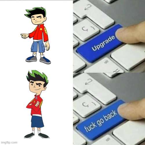 The infamous design change in American Dragon Jake long that people love or hate | image tagged in upgrade go back,american dragon jake long,disney,disney channel,walt disney | made w/ Imgflip meme maker