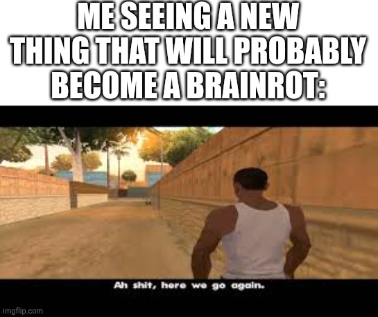 Aw shit, here we go again. | ME SEEING A NEW THING THAT WILL PROBABLY BECOME A BRAINROT: | image tagged in aw shit here we go again | made w/ Imgflip meme maker