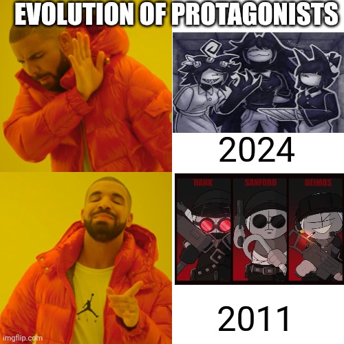 Evolution of protagonists | EVOLUTION OF PROTAGONISTS; 2024; 2011 | image tagged in memes,drake hotline bling | made w/ Imgflip meme maker