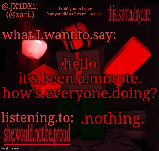 back from exile I think | .hello. it's.been.a.minute. how's.everyone.doing? .nothing. | image tagged in jx1dx1 's template | made w/ Imgflip meme maker