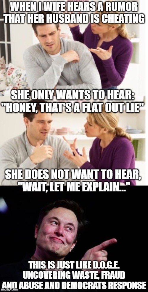 WHEN I WIFE HEARS A RUMOR THAT HER HUSBAND IS CHEATING; SHE ONLY WANTS TO HEAR: "HONEY, THAT'S A FLAT OUT LIE"; SHE DOES NOT WANT TO HEAR, 
"WAIT, LET ME EXPLAIN..."; THIS IS JUST LIKE D.O.G.E. UNCOVERING WASTE, FRAUD AND ABUSE AND DEMOCRATS RESPONSE | image tagged in arguing couple reverse soc,elon musk | made w/ Imgflip meme maker