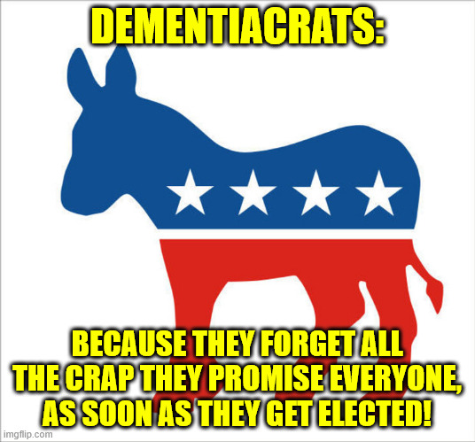 DEMENTIACRATS:; BECAUSE THEY FORGET ALL THE CRAP THEY PROMISE EVERYONE, AS SOON AS THEY GET ELECTED! | made w/ Imgflip meme maker