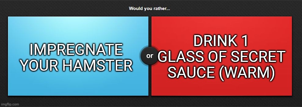 Would you rather | IMPREGNATE YOUR HAMSTER; DRINK 1 GLASS OF SECRET SAUCE (WARM) | image tagged in would you rather | made w/ Imgflip meme maker