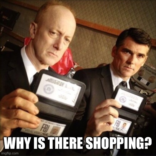 FBI | WHY IS THERE SHOPPING? | image tagged in fbi | made w/ Imgflip meme maker