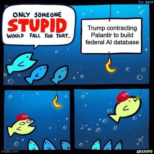 Disagree if you’re dumb | Trump contracting Palantir to build federal AI database | image tagged in only someone stupid would fall for that | made w/ Imgflip meme maker
