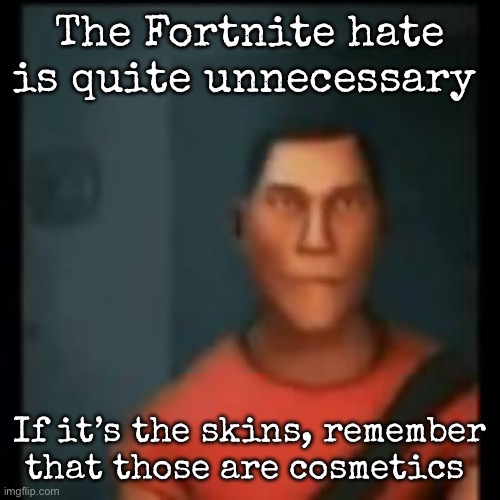 Disappointed Scout | The Fortnite hate is quite unnecessary; If it’s the skins, remember that those are cosmetics | image tagged in disappointed scout,msmg | made w/ Imgflip meme maker