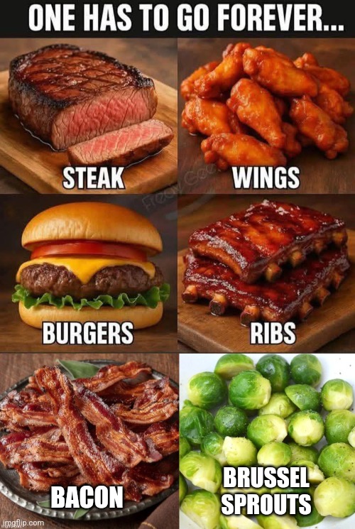 Really hard choice | BRUSSEL SPROUTS; BACON | image tagged in delicious,meat,disgusting,leaf,balls | made w/ Imgflip meme maker