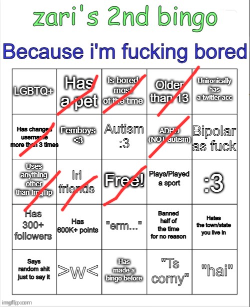 zari's 2nd bingo | image tagged in zari's 2nd bingo | made w/ Imgflip meme maker