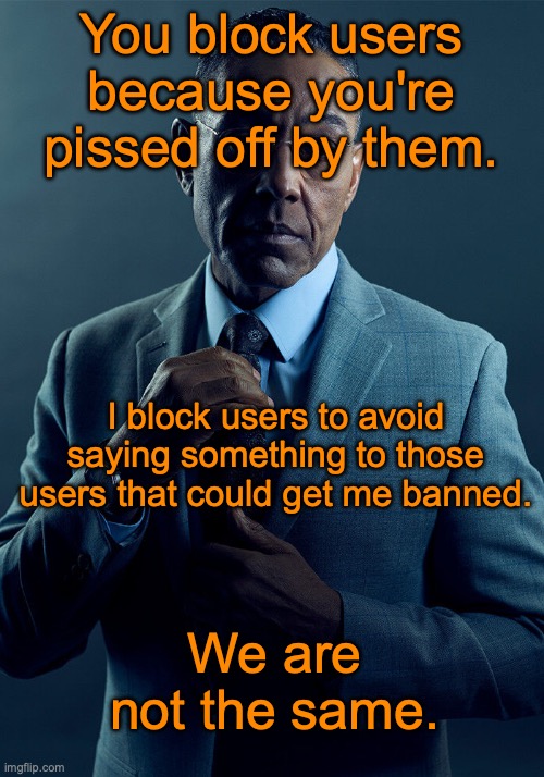 "Blocking is for pussies" mfs when Andrew permabans them for harassment: | You block users because you're pissed off by them. I block users to avoid saying something to those users that could get me banned. We are not the same. | image tagged in gus fring we are not the same | made w/ Imgflip meme maker
