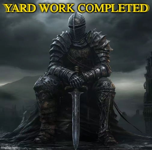 Yard Work Completed | YARD WORK COMPLETED; YARD WORK COMPLETED | image tagged in dark souls | made w/ Imgflip meme maker