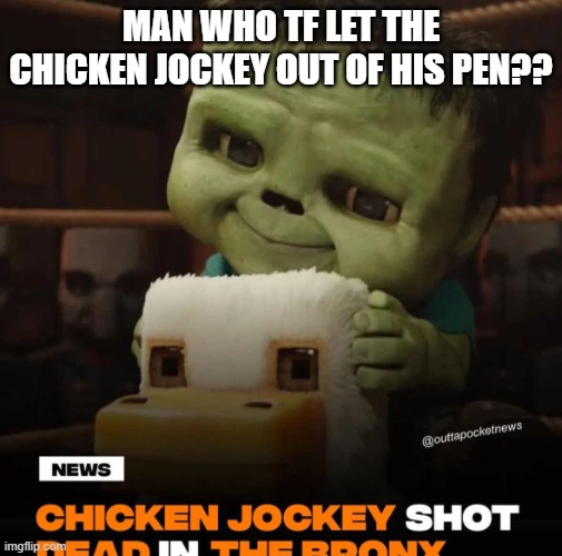 Alright, fess up. Who did it?? | MAN WHO TF LET THE CHICKEN JOCKEY OUT OF HIS PEN?? | image tagged in chicken jockey shot dead in the bronx | made w/ Imgflip meme maker