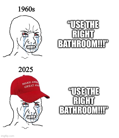 If you know, you know | 1960s; “USE THE RIGHT BATHROOM!!!”; 2025; “USE THE RIGHT BATHROOM!!!” | image tagged in blank white template | made w/ Imgflip meme maker
