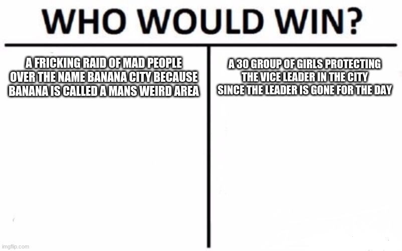 Take a Guess because it was a fricking battle alright | A FRICKING RAID OF MAD PEOPLE OVER THE NAME BANANA CITY BECAUSE BANANA IS CALLED A MANS WEIRD AREA; A 30 GROUP OF GIRLS PROTECTING THE VICE LEADER IN THE CITY SINCE THE LEADER IS GONE FOR THE DAY | image tagged in memes,who would win | made w/ Imgflip meme maker