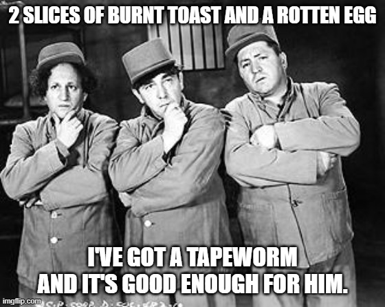 Three Stooges Thinking | 2 SLICES OF BURNT TOAST AND A ROTTEN EGG I'VE GOT A TAPEWORM AND IT'S GOOD ENOUGH FOR HIM. | image tagged in three stooges thinking | made w/ Imgflip meme maker