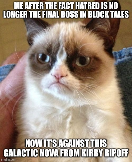 Im upset about Hatred no longer being the final boss | ME AFTER THE FACT HATRED IS NO LONGER THE FINAL BOSS IN BLOCK TALES; NOW IT'S AGAINST THIS GALACTIC NOVA FROM KIRBY RIPOFF | image tagged in memes,grumpy cat | made w/ Imgflip meme maker