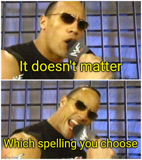 The Rock It Doesn't Matter Meme | It doesn't matter Which spelling you choose | image tagged in memes,the rock it doesn't matter | made w/ Imgflip meme maker