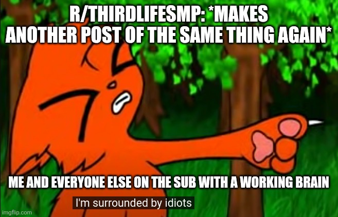 firestar doesn't like waffles | R/THIRDLIFESMP: *MAKES ANOTHER POST OF THE SAME THING AGAIN*; ME AND EVERYONE ELSE ON THE SUB WITH A WORKING BRAIN | image tagged in firestar doesn't like waffles | made w/ Imgflip meme maker