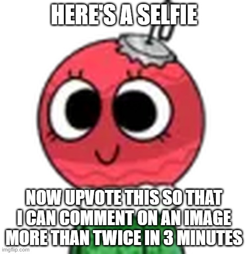 Bobette | HERE'S A SELFIE; NOW UPVOTE THIS SO THAT I CAN COMMENT ON AN IMAGE MORE THAN TWICE IN 3 MINUTES | image tagged in bobette | made w/ Imgflip meme maker