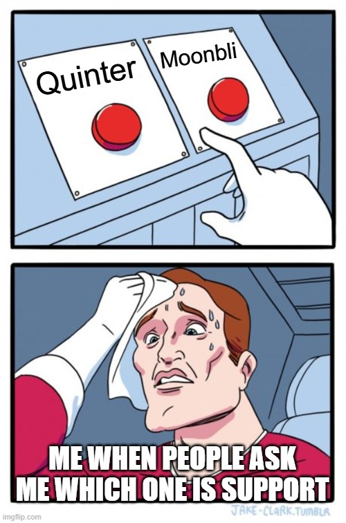 THEY ARE BOTH AMAZING OK | Moonbli; Quinter; ME WHEN PEOPLE ASK ME WHICH ONE IS SUPPORT | image tagged in memes,two buttons | made w/ Imgflip meme maker