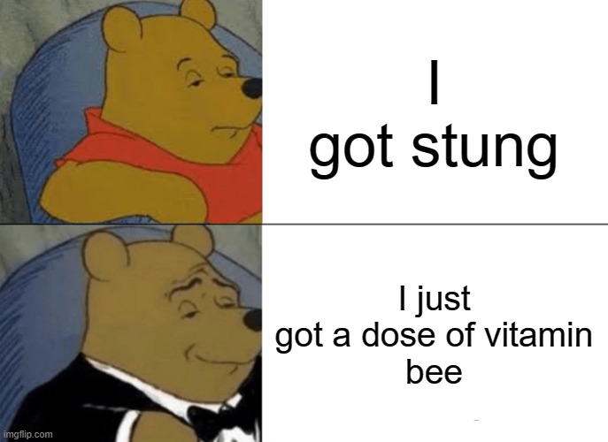 Meme #60: Ooooh, getting fancy I see! | I got stung; I just got a dose of vitamin
bee | image tagged in memes,tuxedo winnie the pooh | made w/ Imgflip meme maker