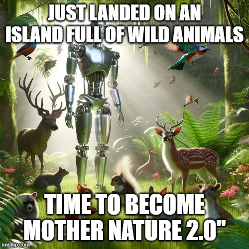 The Wild Robot | JUST LANDED ON AN ISLAND FULL OF WILD ANIMALS; TIME TO BECOME MOTHER NATURE 2.0" | image tagged in robot | made w/ Imgflip meme maker