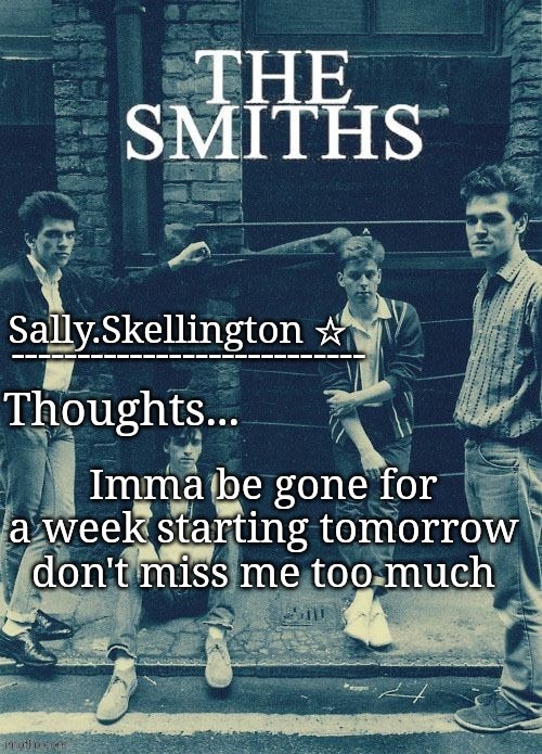 Sally's temp | Imma be gone for a week starting tomorrow don't miss me too much | image tagged in sally's temp | made w/ Imgflip meme maker