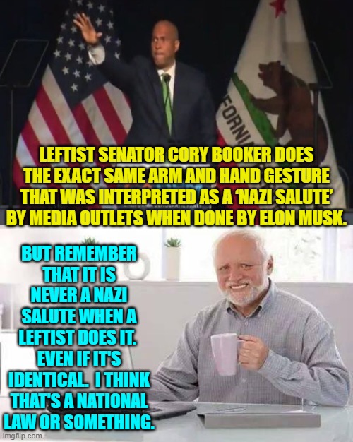 Free media pass, eh? | LEFTIST SENATOR CORY BOOKER DOES THE EXACT SAME ARM AND HAND GESTURE THAT WAS INTERPRETED AS A ‘NAZI SALUTE’ BY MEDIA OUTLETS WHEN DONE BY ELON MUSK. BUT REMEMBER THAT IT IS NEVER A NAZI SALUTE WHEN A LEFTIST DOES IT.  EVEN IF IT'S IDENTICAL.  I THINK THAT'S A NATIONAL LAW OR SOMETHING. | image tagged in hide the pain harold | made w/ Imgflip meme maker