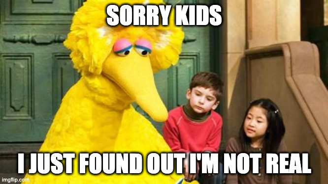 Existential Birds | SORRY KIDS; I JUST FOUND OUT I'M NOT REAL | image tagged in sad big bird,birds aren't real | made w/ Imgflip meme maker