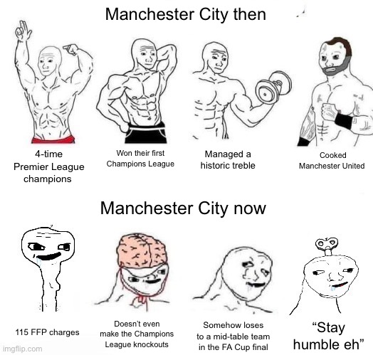 Stay humble eh, Haaland? | Manchester City then; 4-time Premier League champions; Cooked Manchester United; Won their first Champions League; Managed a historic treble; Manchester City now; Doesn’t even make the Champions League knockouts; “Stay humble eh”; Somehow loses to a mid-table team in the FA Cup final; 115 FFP charges | image tagged in x in the past vs x now,then vs now,manchester city,premier league,soccer,football | made w/ Imgflip meme maker